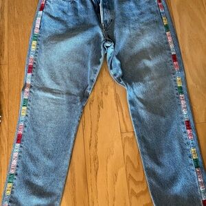 Ralph Lauren Blue Women’s Avery Boyfriend Jeans with Colorful Side Stripes.